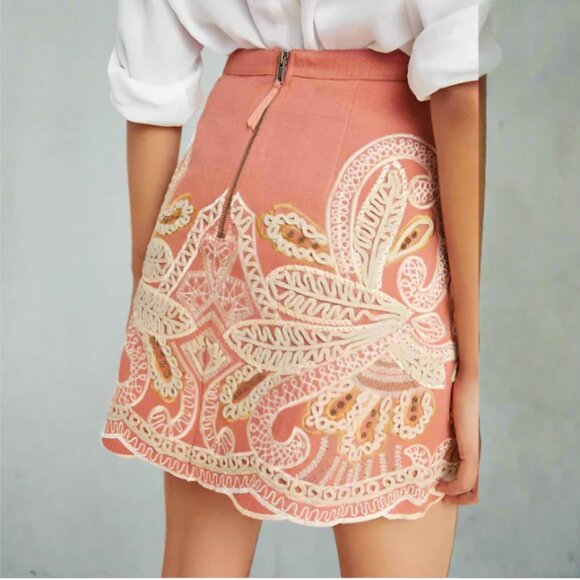 Anthropologie Beaded Mini Skirt 4 Pink Cotton Embroidered Boho Scallop Hem - Picture 7 of 10